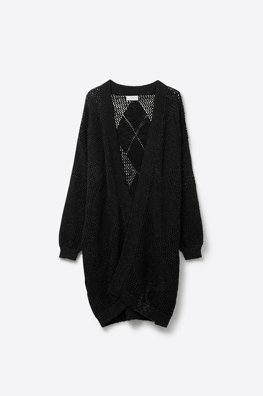 Cardigan drapé noir avec motif en crochet