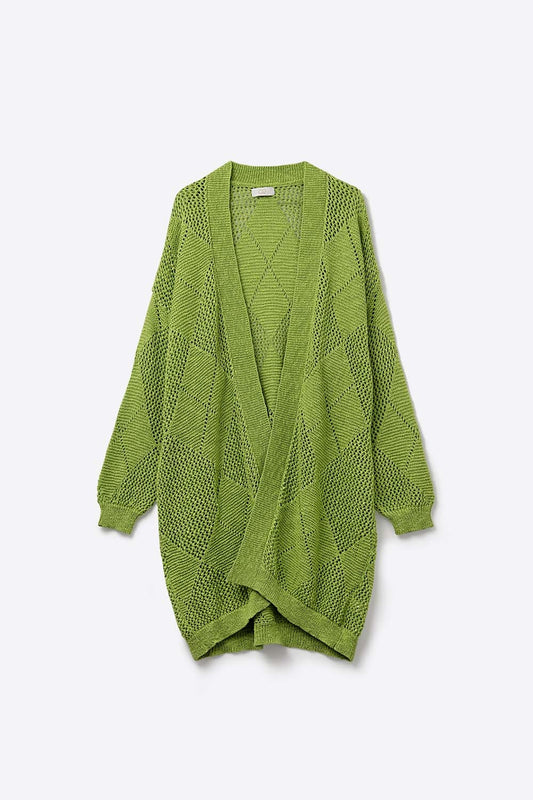 Cardigan drapé vert citron avec motif au crochet