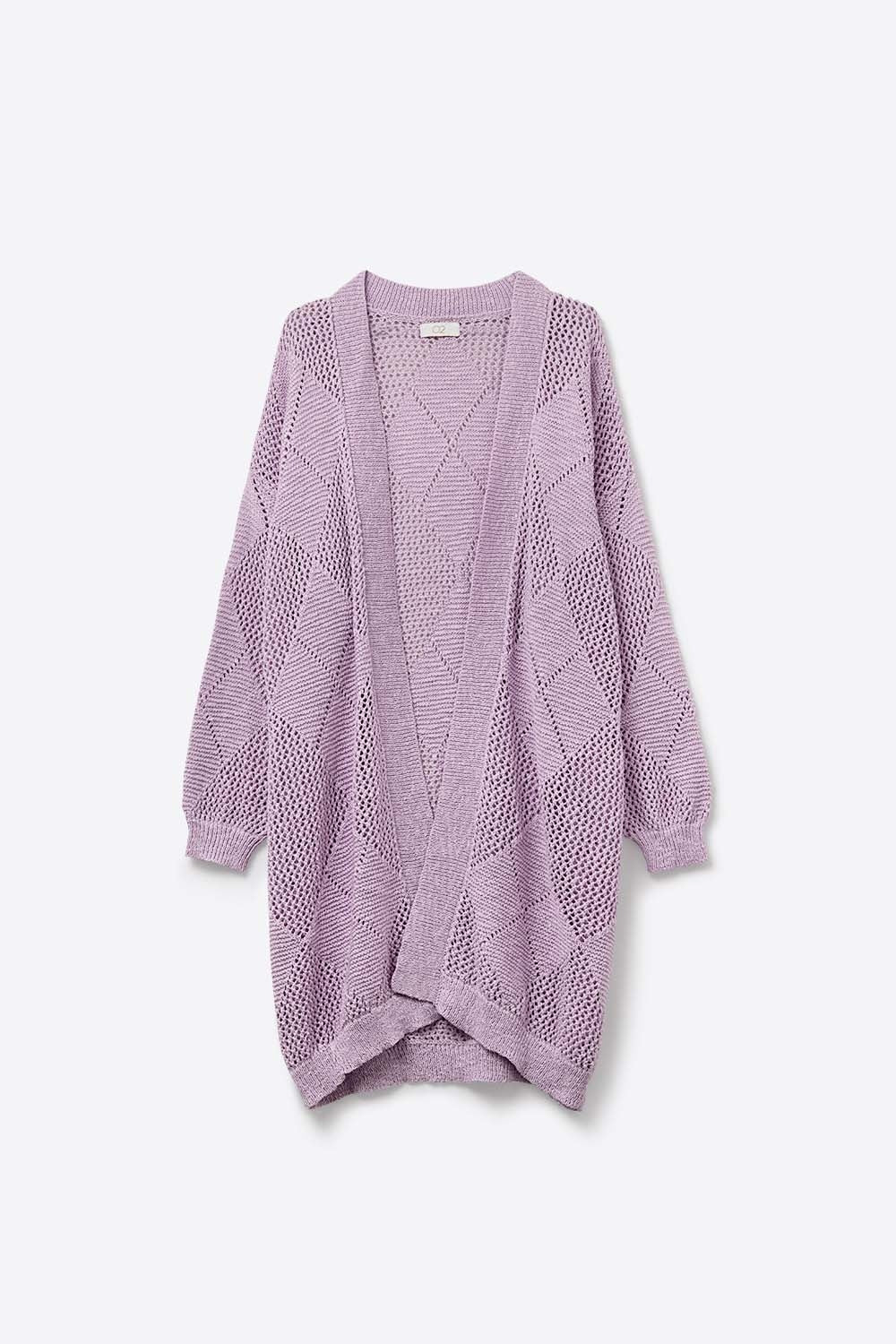 Cardigan drapé lavande avec motif au crochet