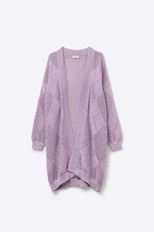 Cardigan drapé lavande avec motif au crochet