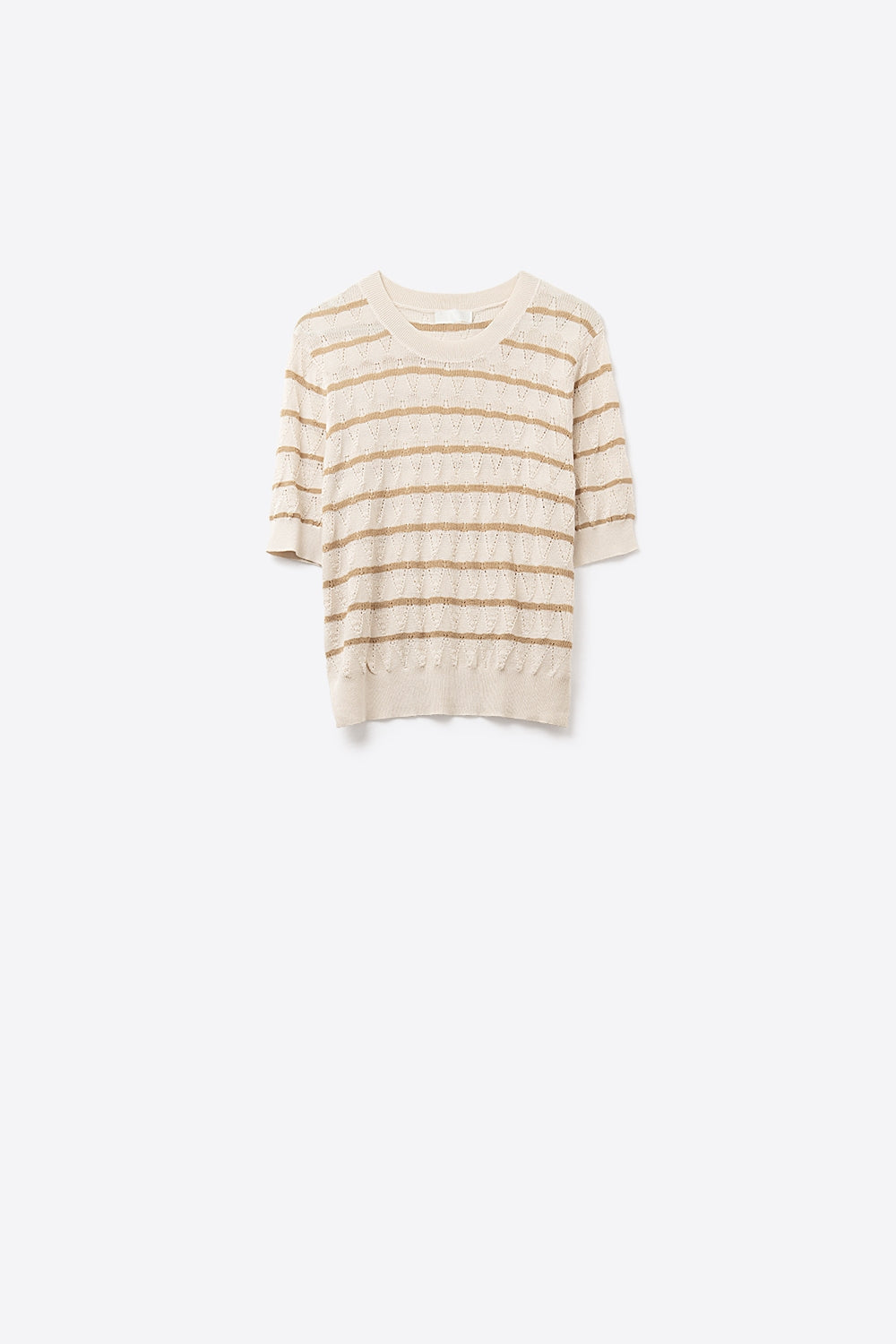 Top en tricot ajouré beige avec manches courtes et rayures dorées