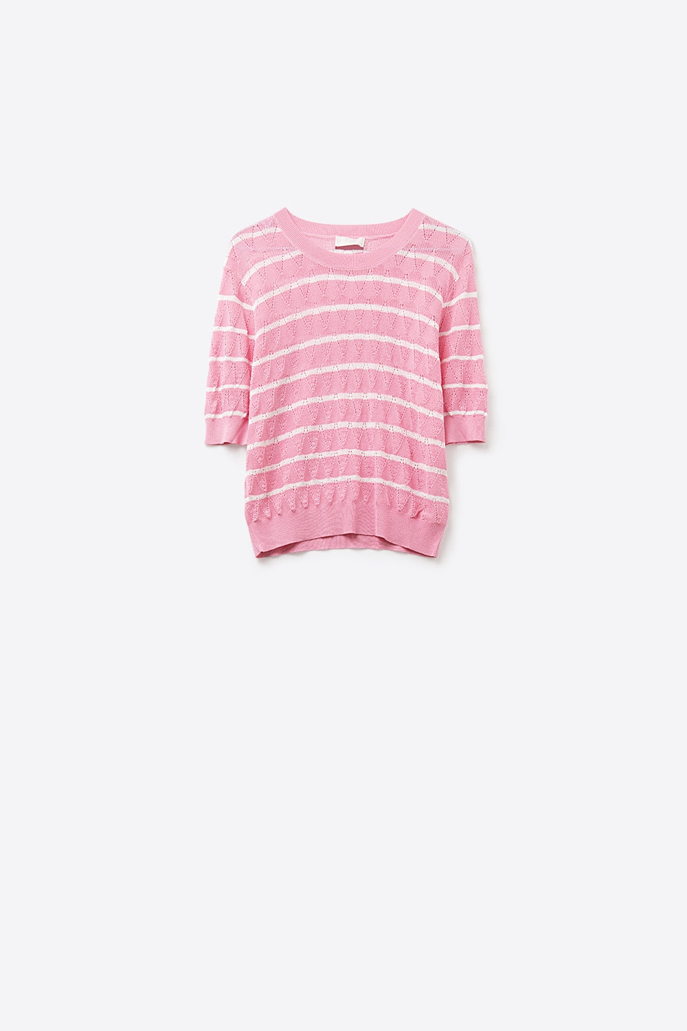 Top rose en tricot ajouré avec manches courtes et rayures blanches