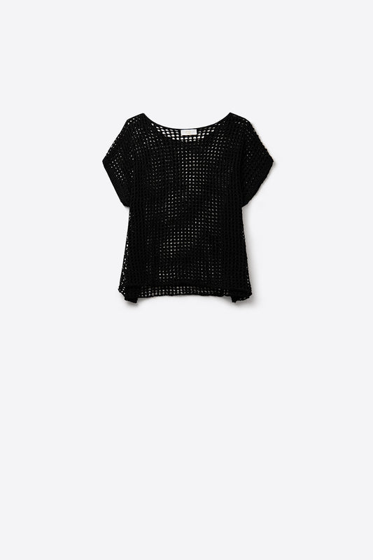 Open Knit Crochet dropped Sleeved Top in black