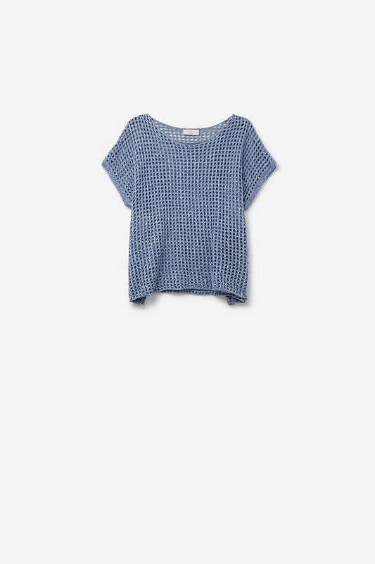 Top à manches courtes en maille ajourée en bleu