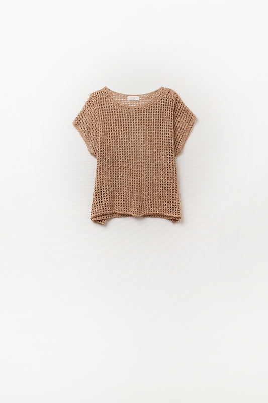 Open Knit Crochet dropped Sleeved Top in Camel