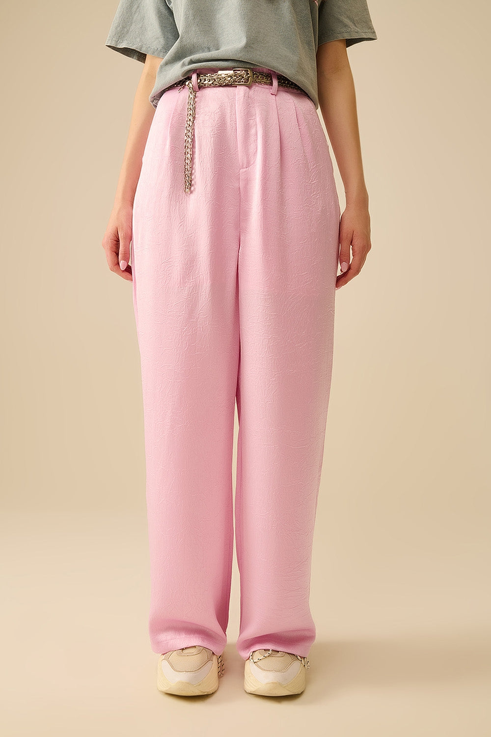 Pantalon satin tailleur à jambe large en rose