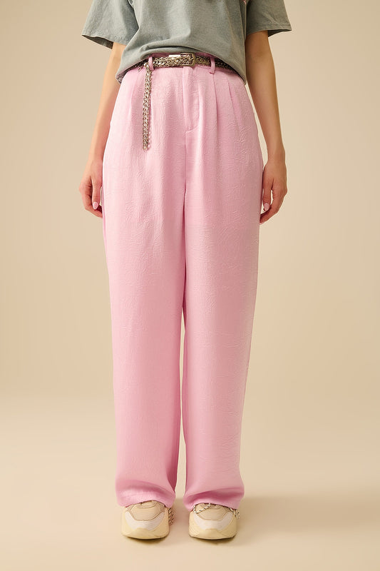 Pantalon satin tailleur à jambe large en rose