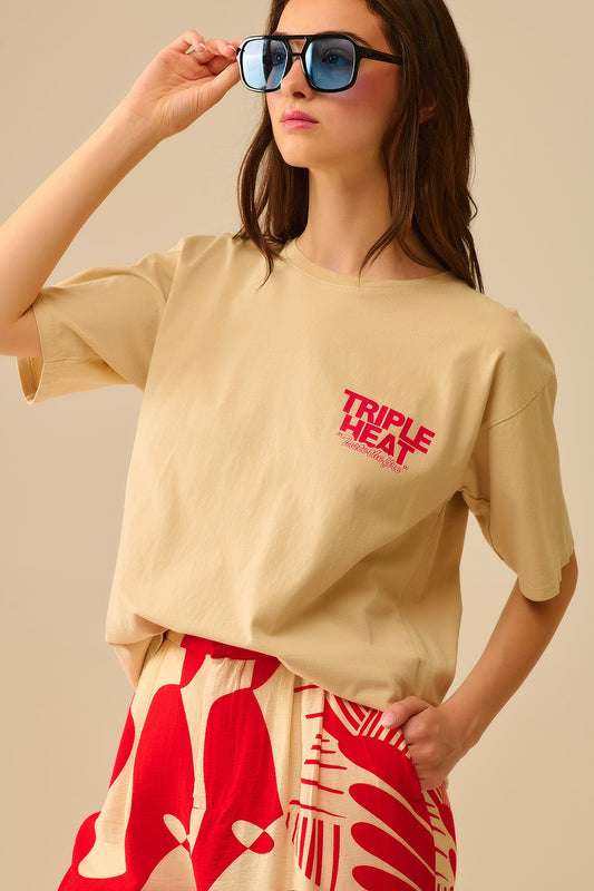T-shirt TRIPLE HEAT beige à manches courtes et coupe décontractée