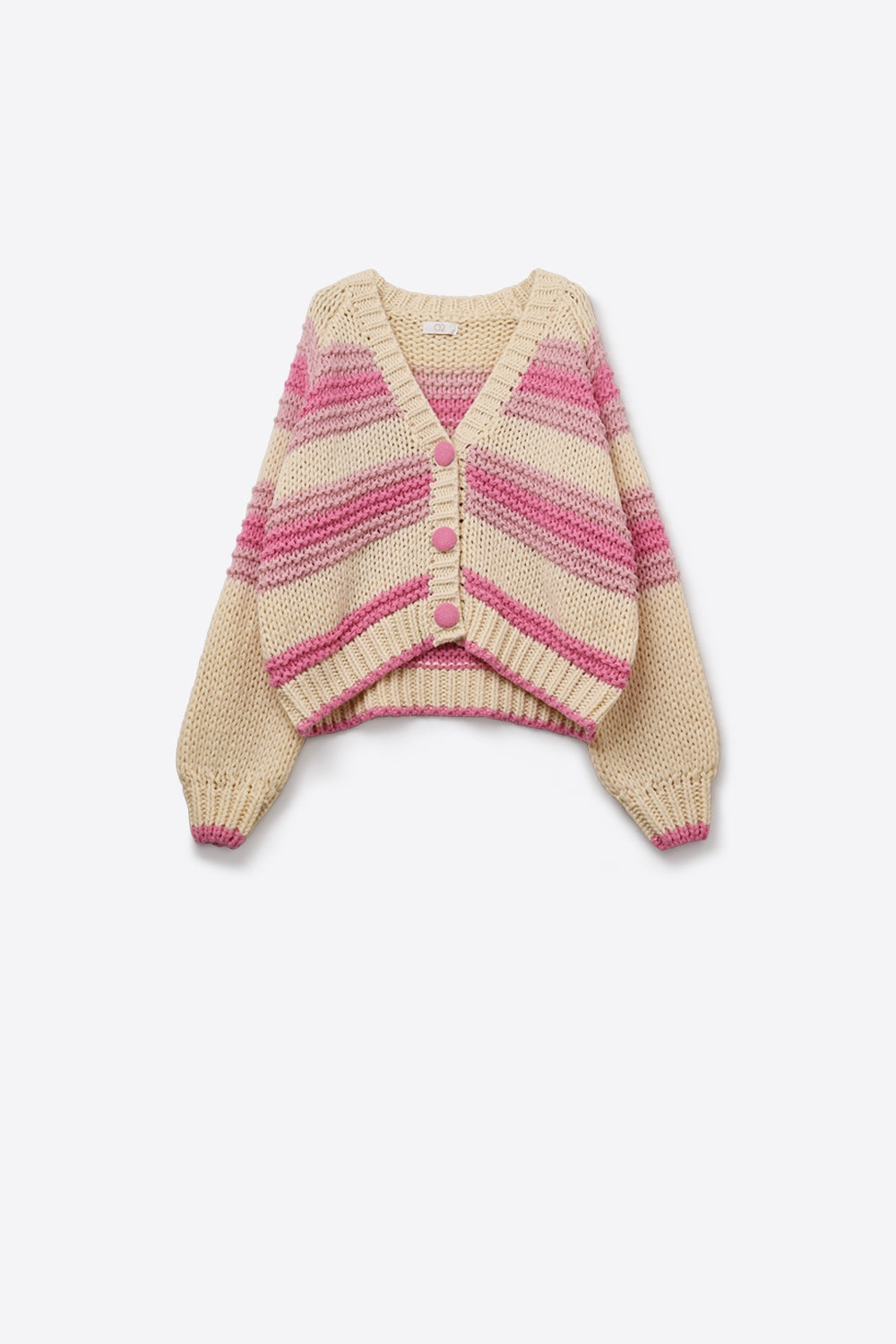 Cardigan en tricot épais à col en V rayé de rose et de crème