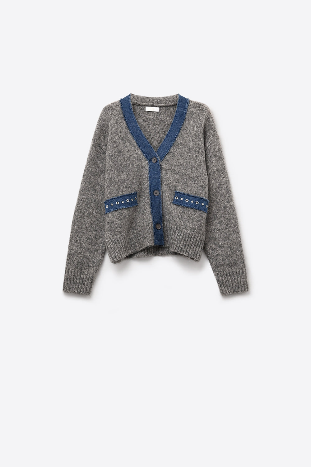 cardigan gris avec détails en tissu denim
