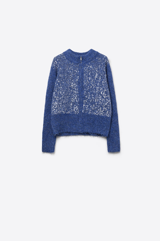 Cardigan bleu en maille duveteuse avec paillettes et fermeture à glissière