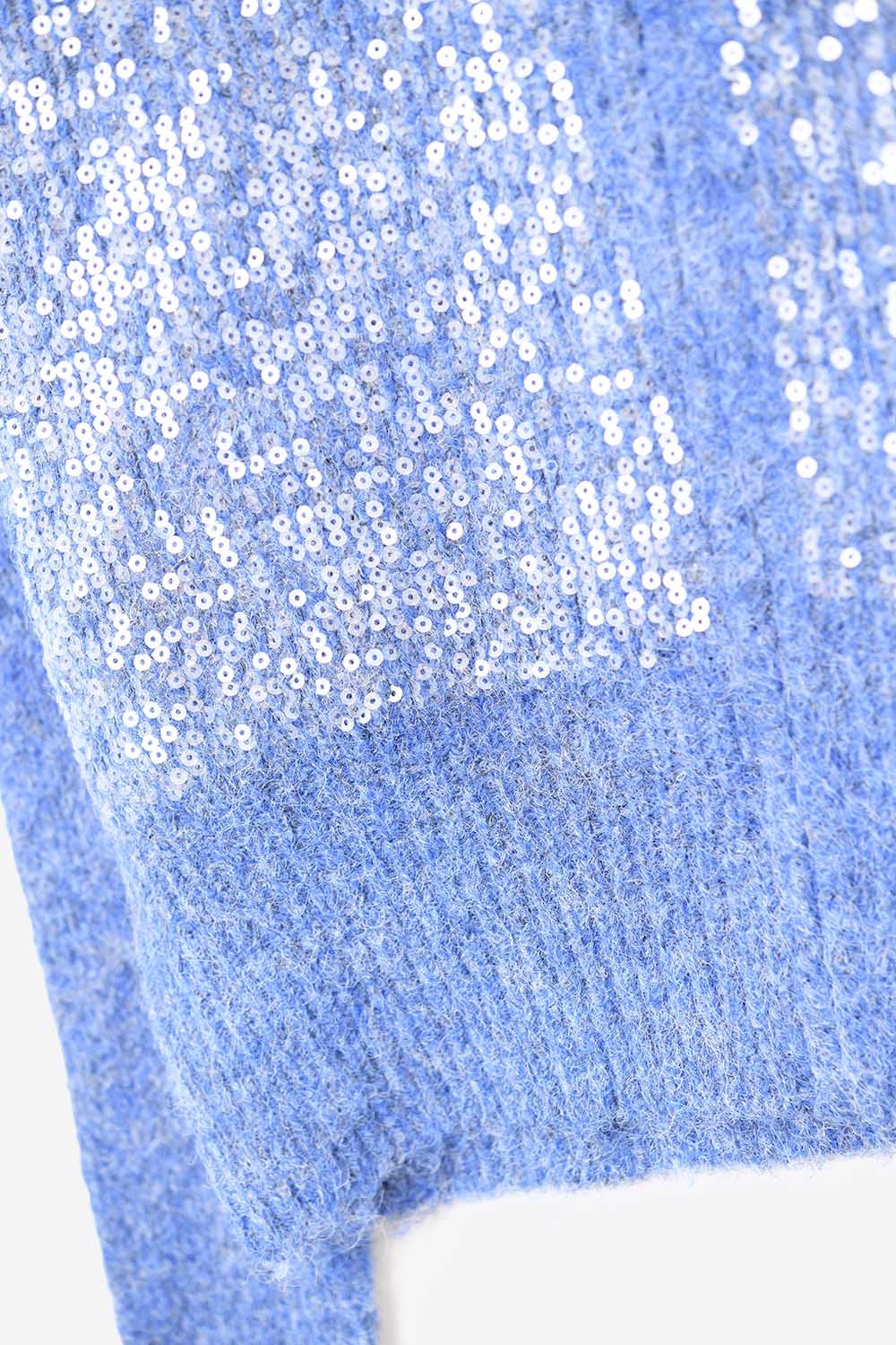 Cardigan bleu en maille duveteuse avec paillettes et fermeture à glissière