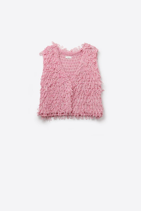 Gilet en maille bouclette avec effet frange texturé en rose