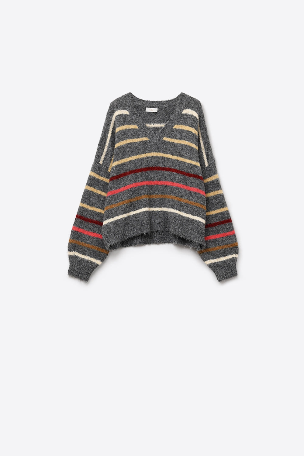 Pull ample gris à rayures multicolores