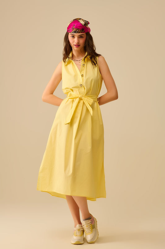 Robe midi en popeline jaune avec boutons argentés en forme de cœur