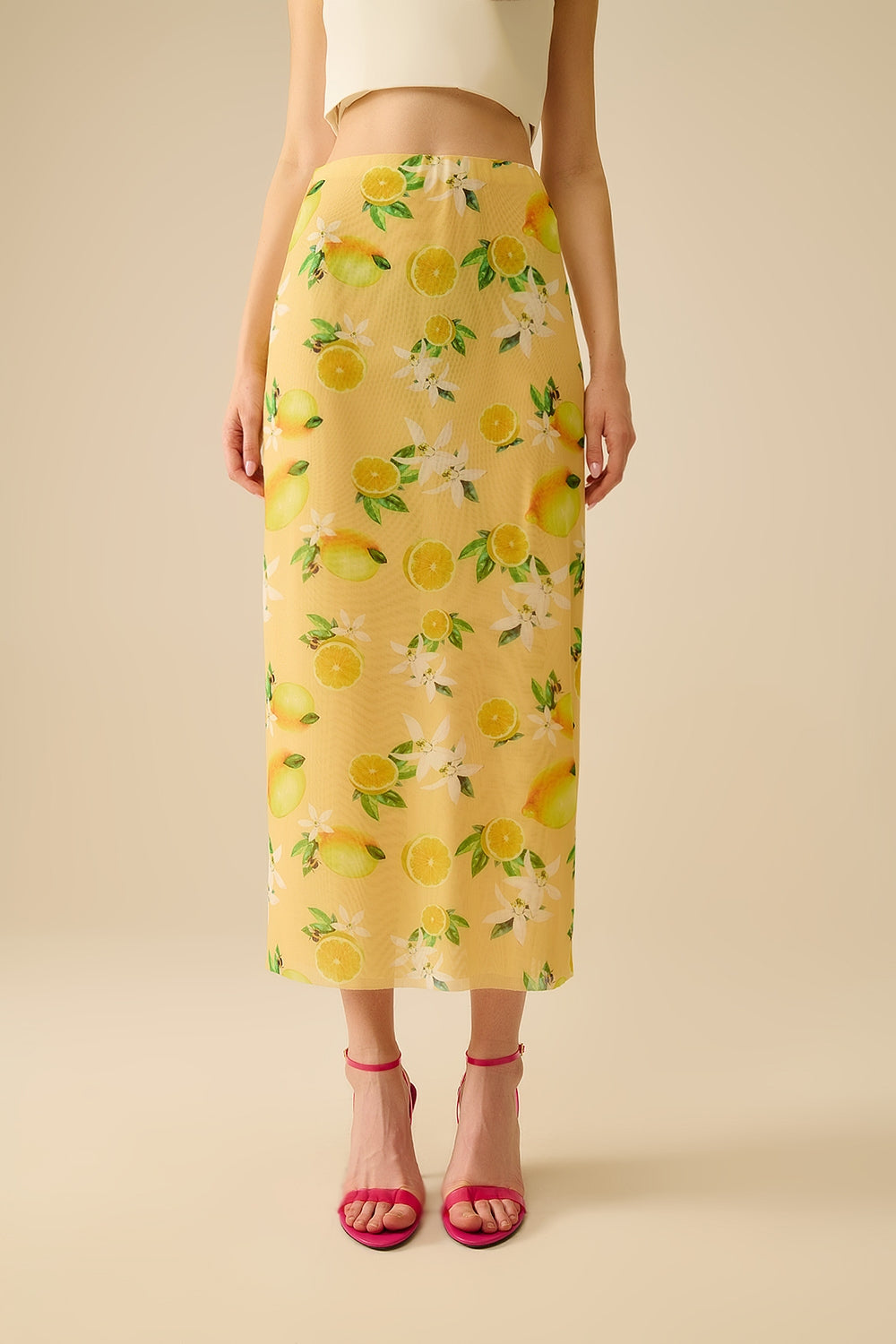 Jaune Jupe midi ajustée avec imprimé citron en tissu mesh