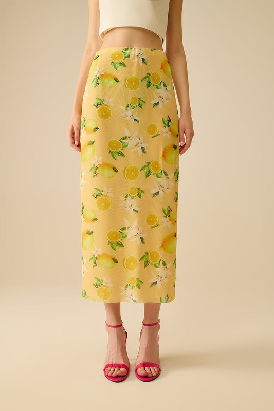 Jaune Jupe midi ajustée avec imprimé citron en tissu mesh