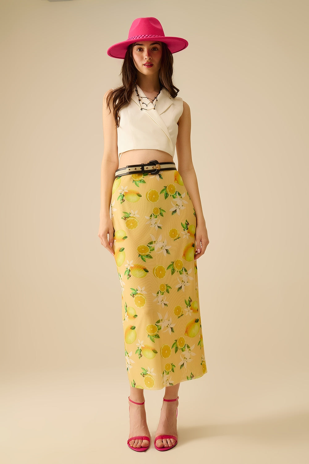 Jaune Jupe midi ajustée avec imprimé citron en tissu mesh