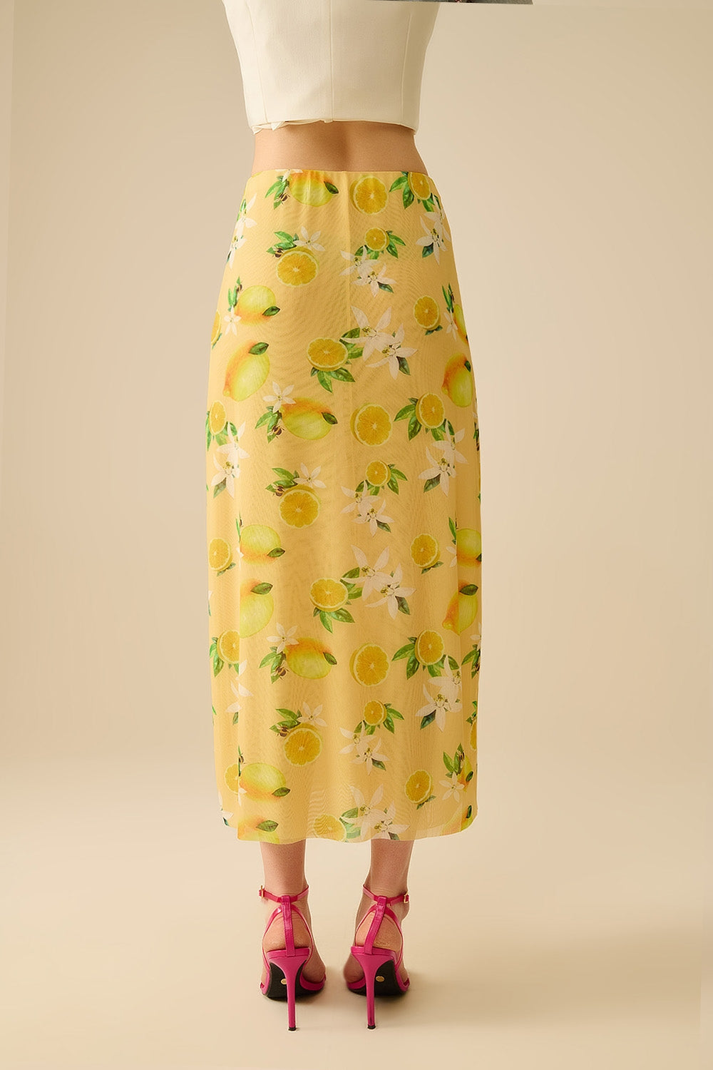 Jaune Jupe midi ajustée avec imprimé citron en tissu mesh