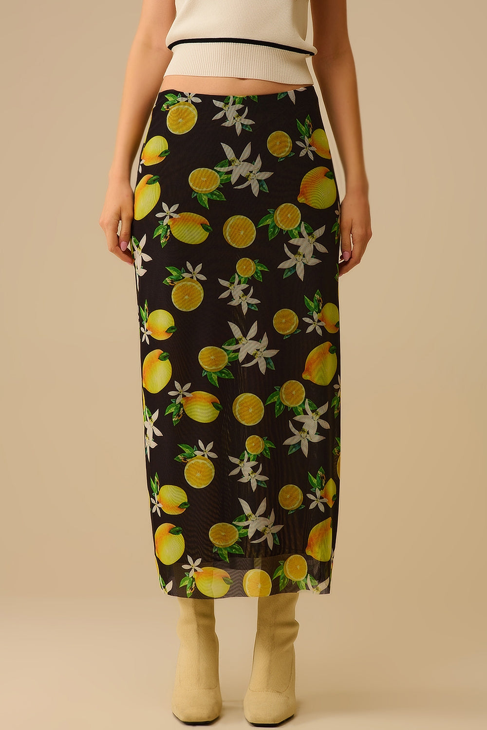 Jupe midi ajustée en maille noire avec imprimé citron
