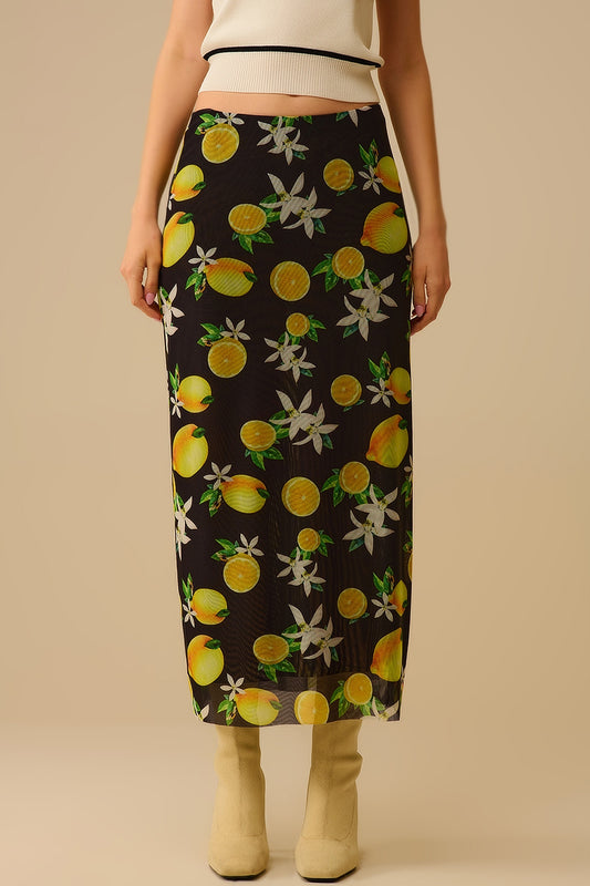 Jupe midi ajustée en maille noire avec imprimé citron