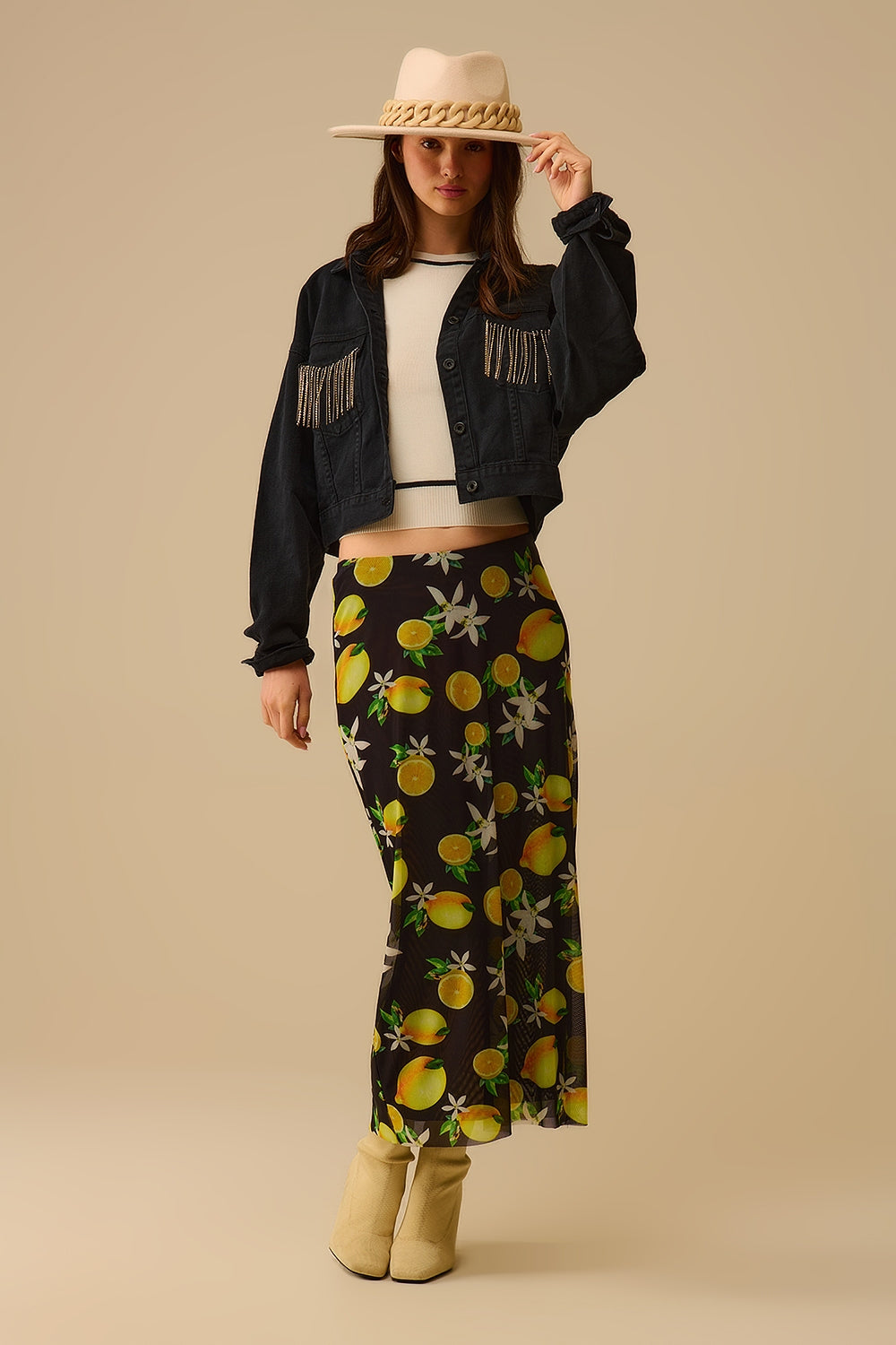 Jupe midi ajustée en maille noire avec imprimé citron
