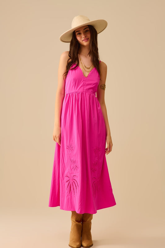 Robe longue en fucshia avec palmes brodées
