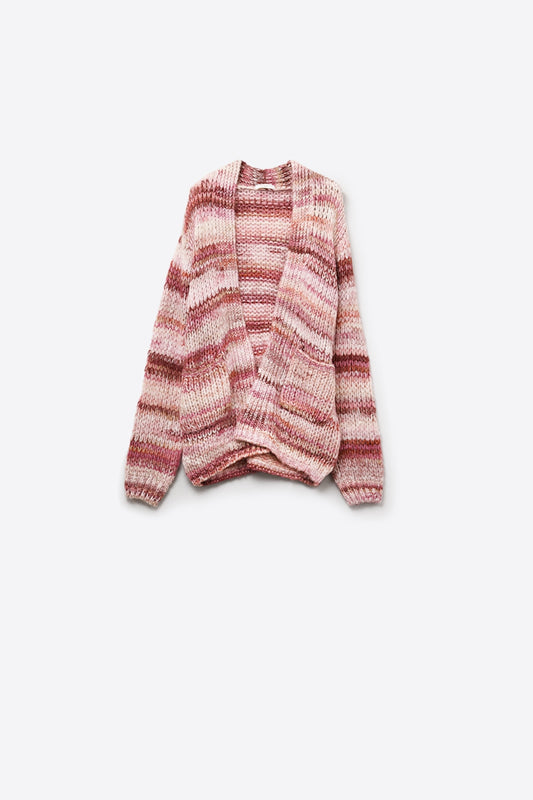 Cardigan long oversize à rayures chinées et poches en rose