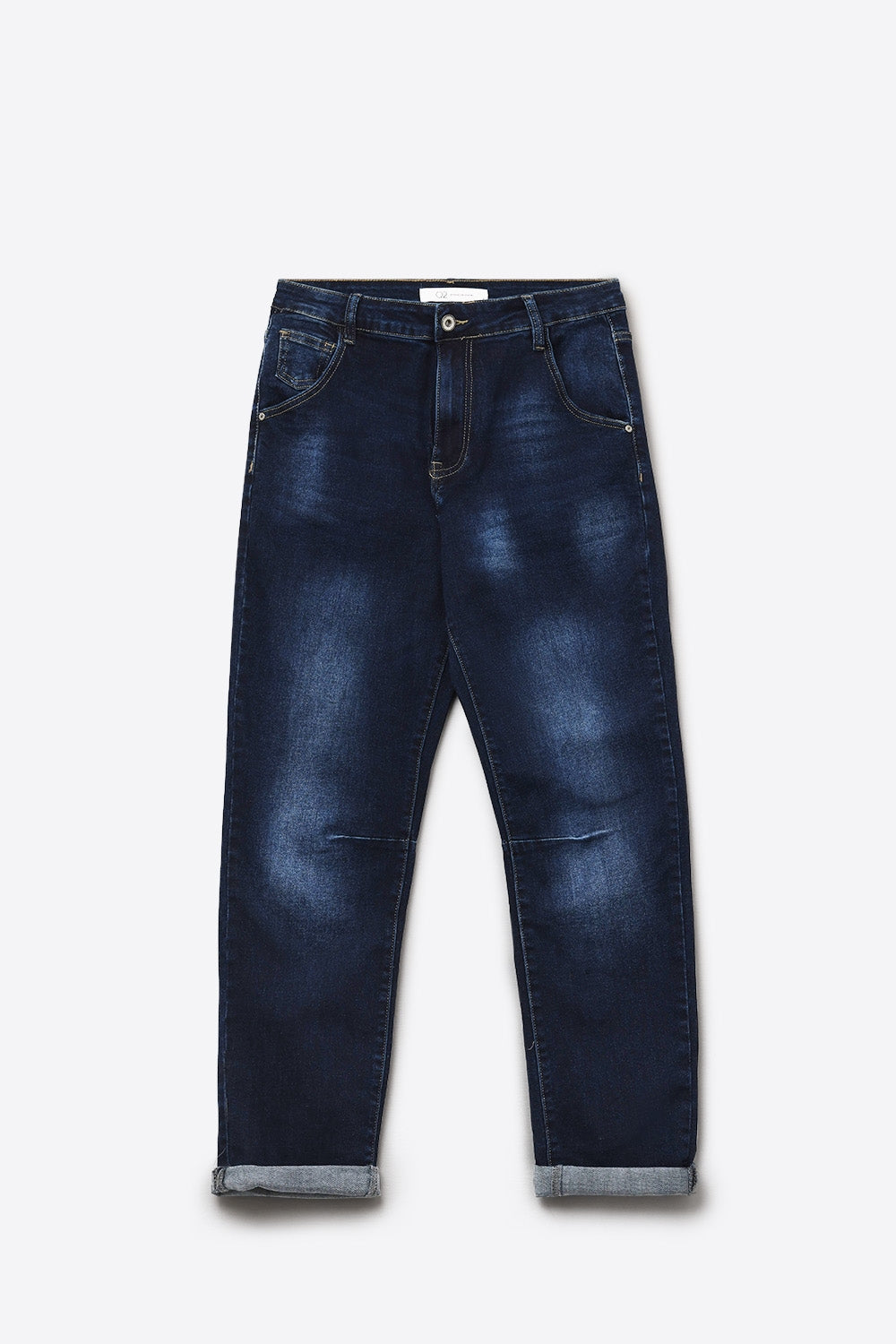 Jean foncé avec surpiqûres contrastées et ourlets à revers
