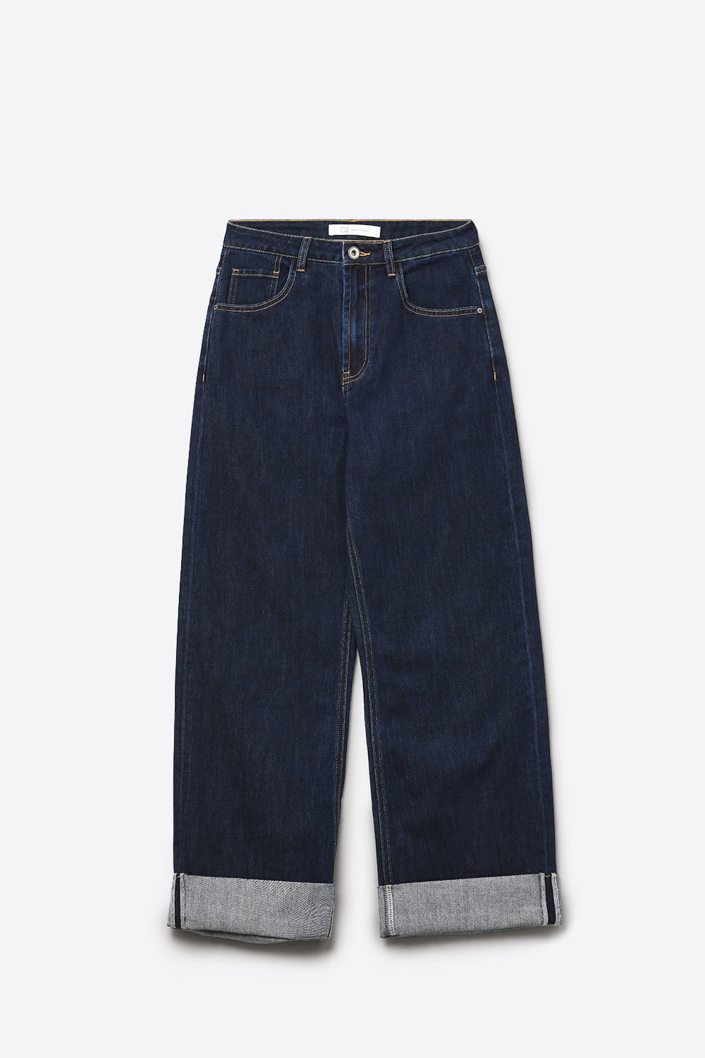 Jeans à taille haute bleu foncé à jambe large et ourlets repliés