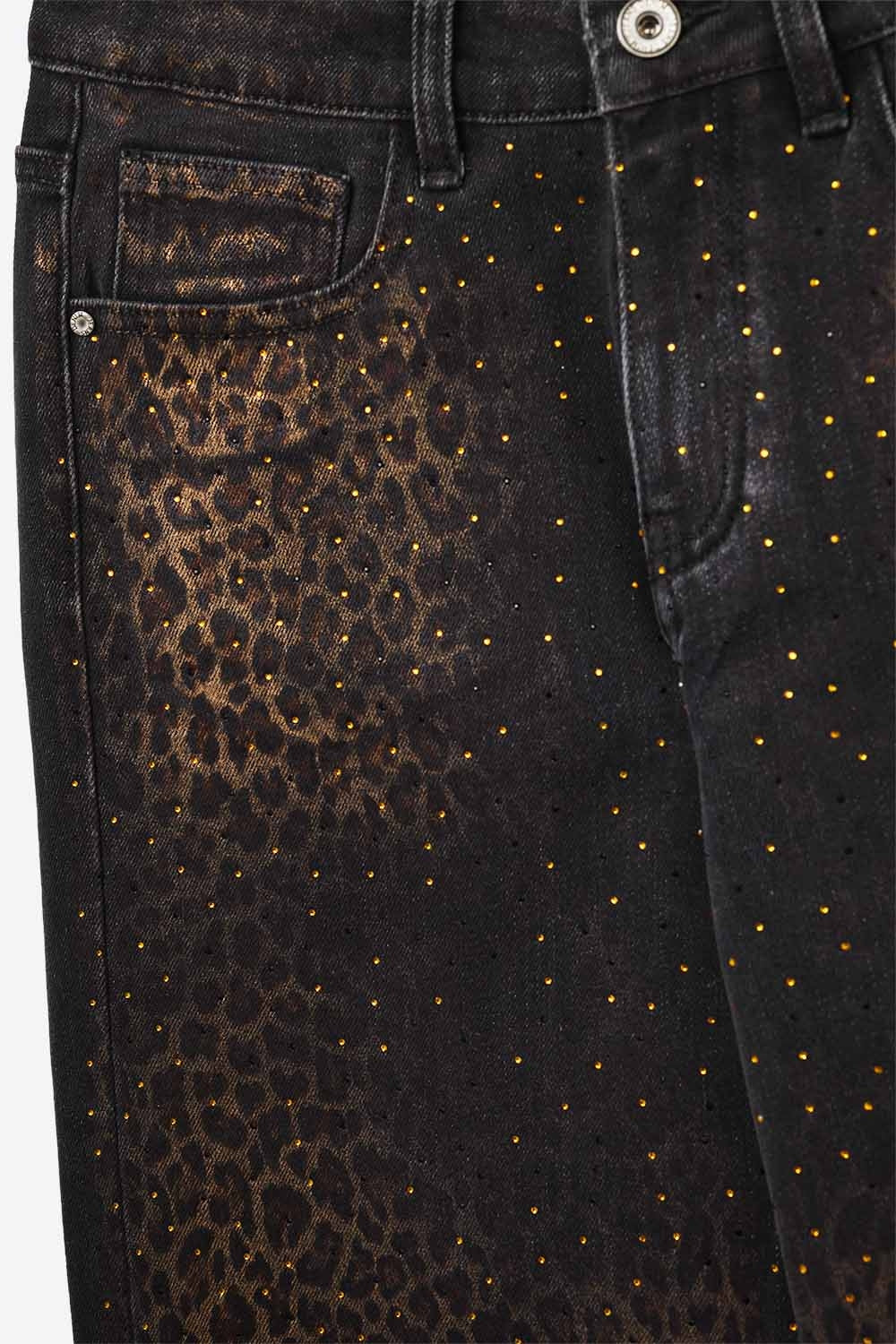 Jean droit noir imprimé léopard avec détails en strass