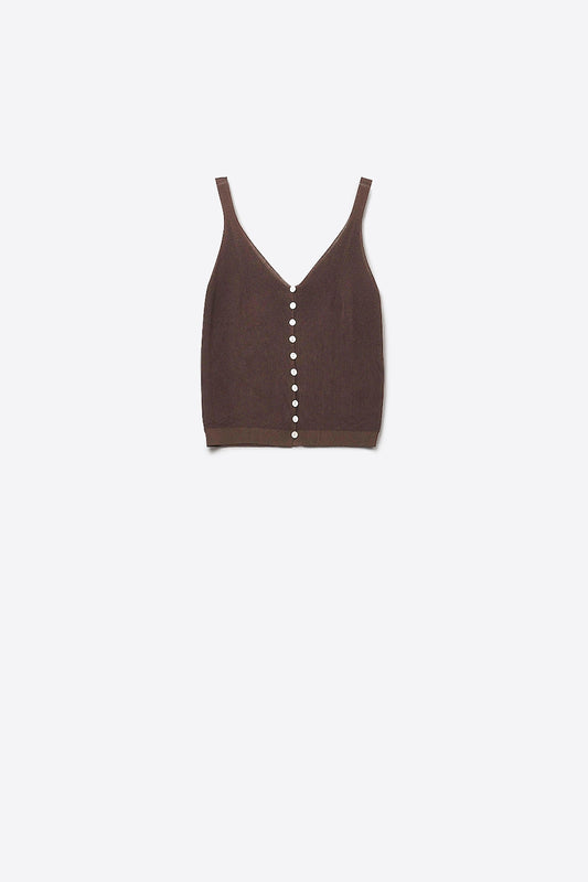 Top court boutonné en tricot marron
