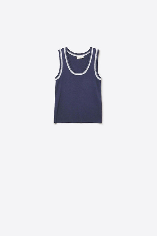 Top en tricot sans manches à bordures métalliques bleu marine