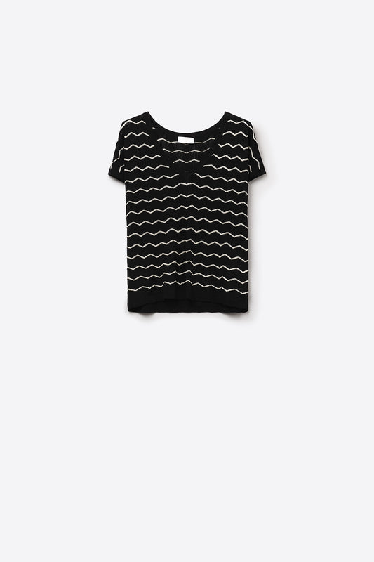 Pull Zigzag à col en V et manches tombantes en noir
