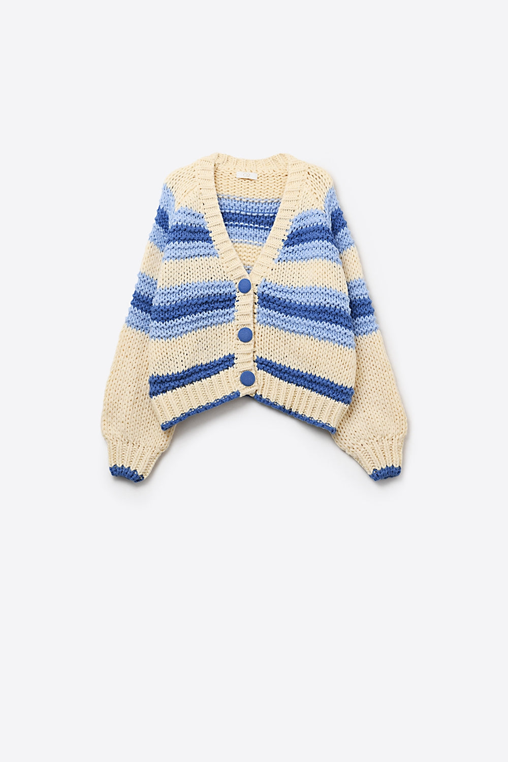 Cardigan en tricot épais à col en V rayé de bleu et de crème