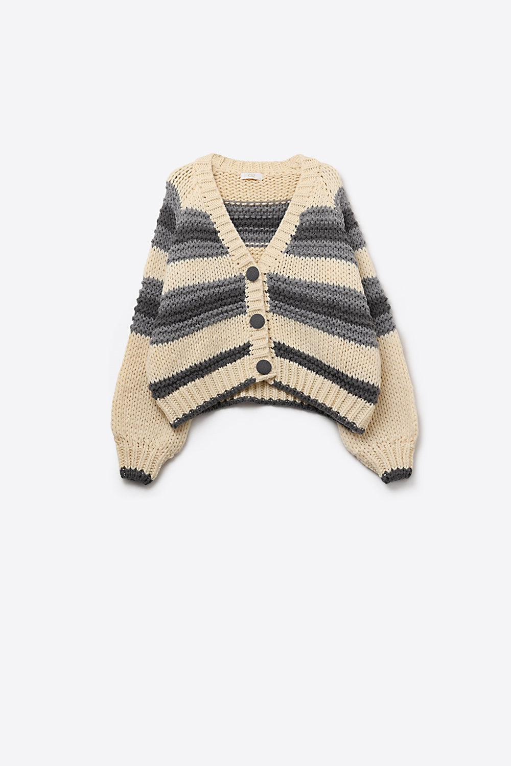 Cardigan en tricot épais à col en V rayé de gris et de crème