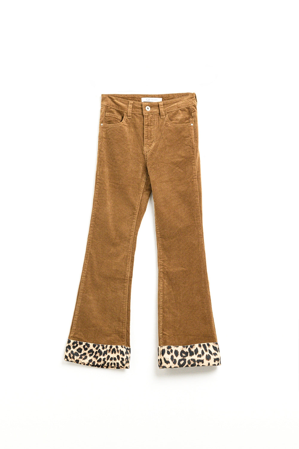 Pantalon évasé en velours côtelé marron avec imprimé léopard sur le bas