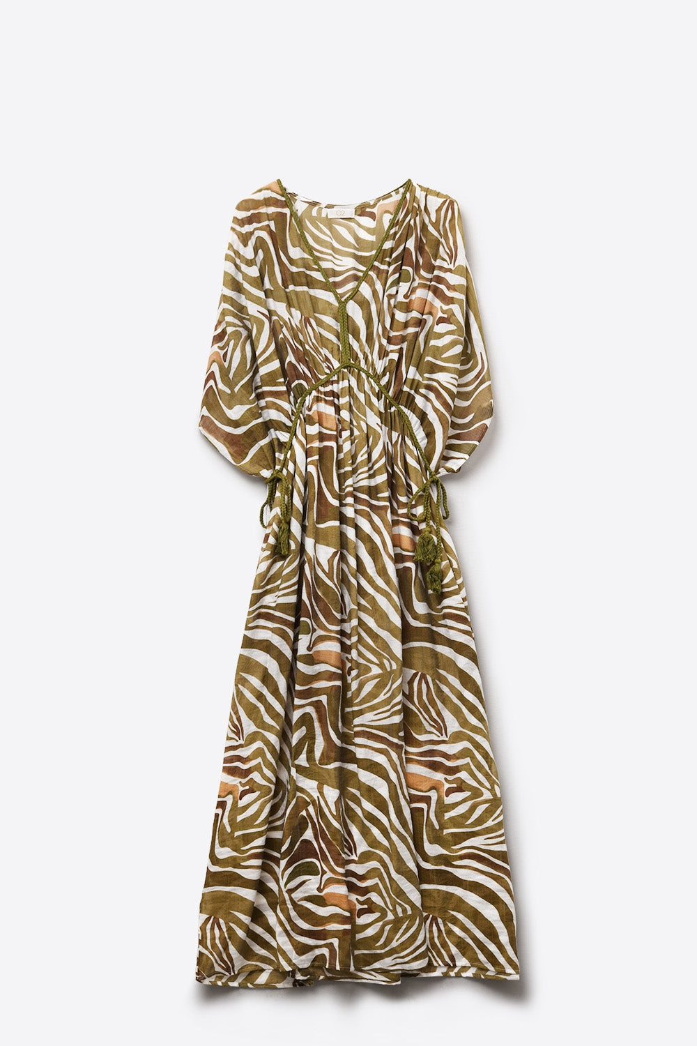 Robe longue fluide en mousseline de soie imprimé zèbre kaki avec cordon de serrage à la taille