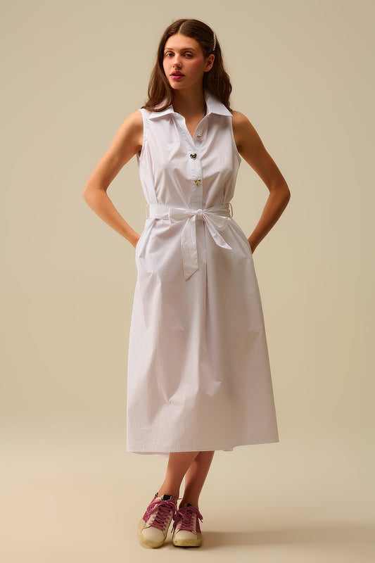 Robe midi en popeline blanche avec boutons argentés en forme de cœur