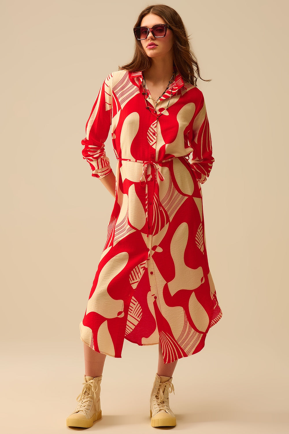 robe boutonnée à imprimé abstrait rouge