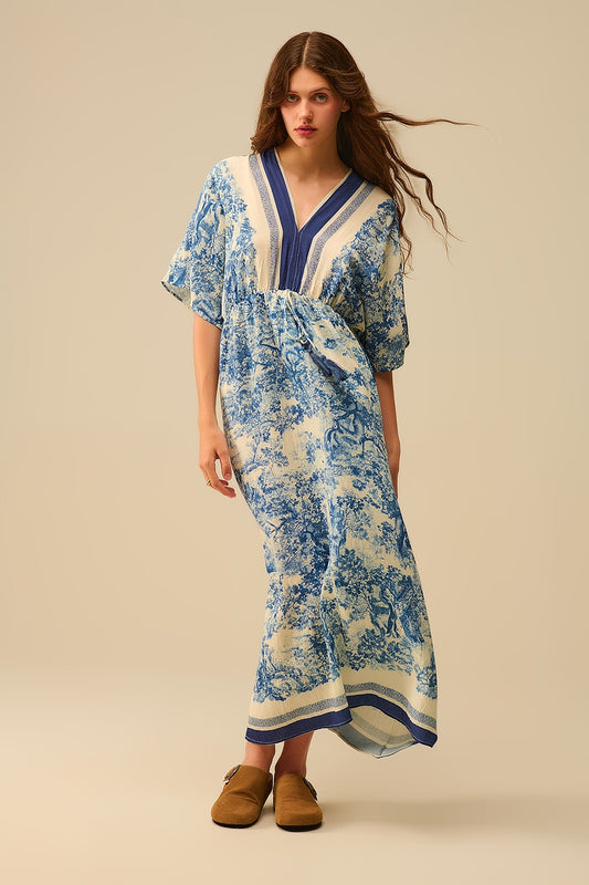 Robe fluide à col en V avec imprimé Toile de Jouy