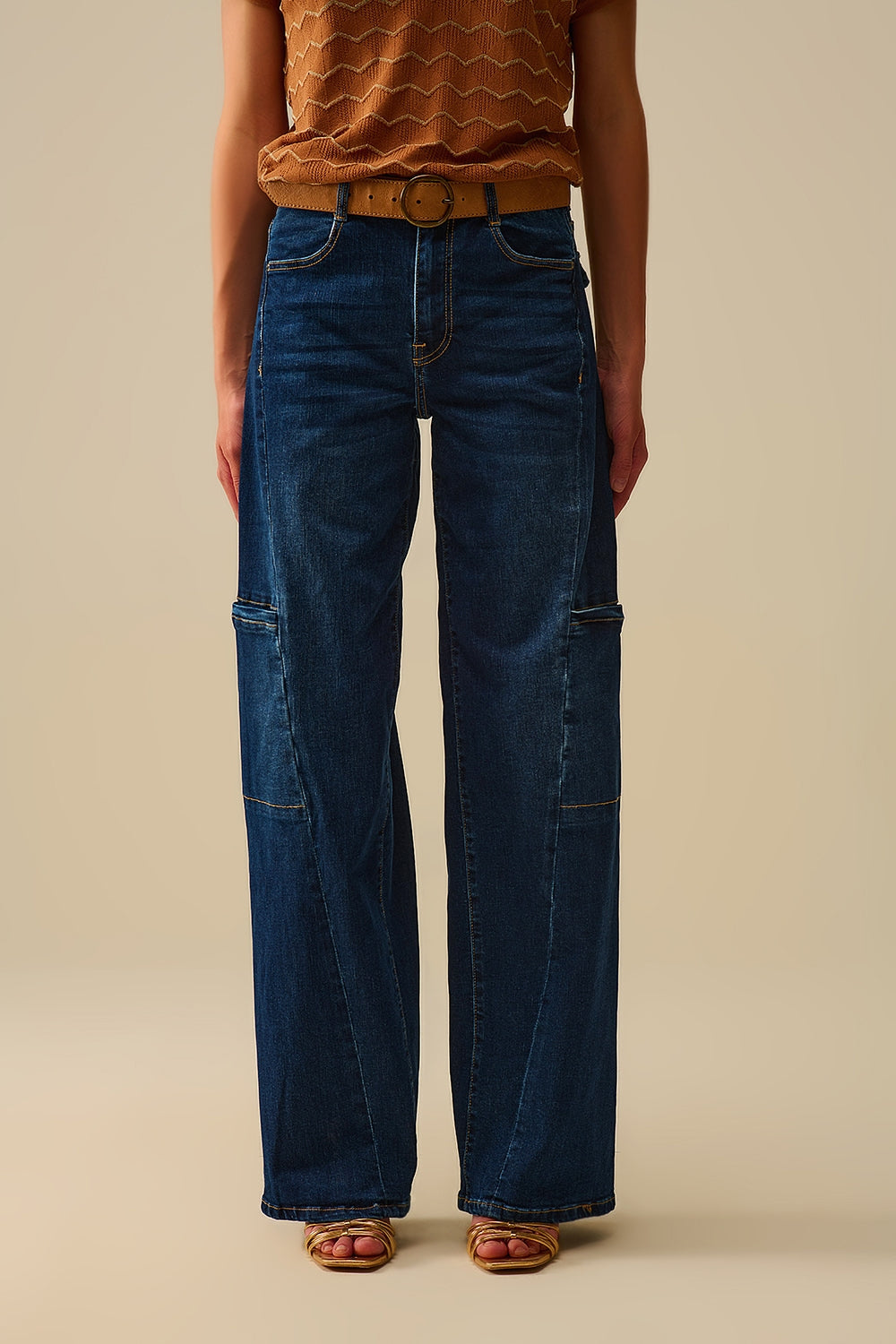 Jeans taille haute à jambes larges avec poches latérales