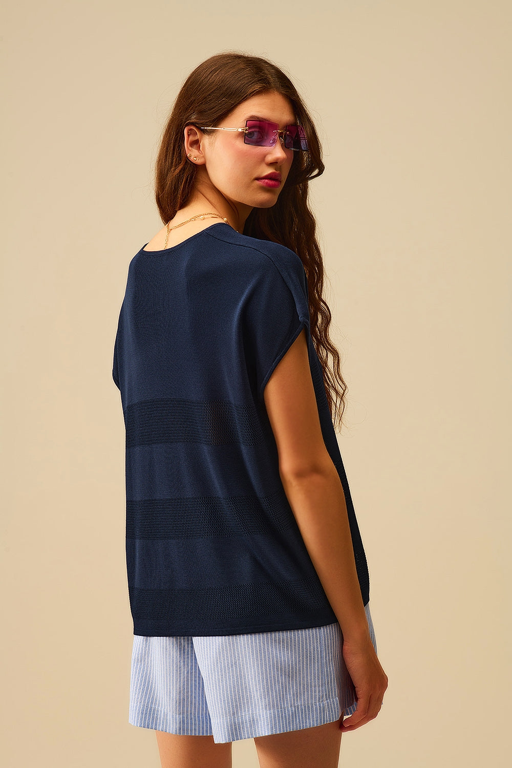 Pull en maille texturée rayée marine