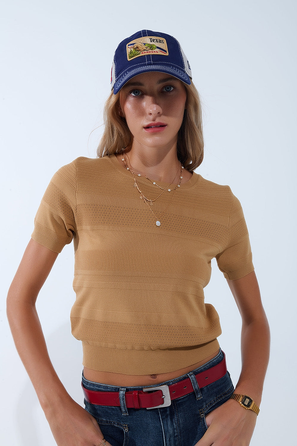 Pull en tricot à rayures texturées camel