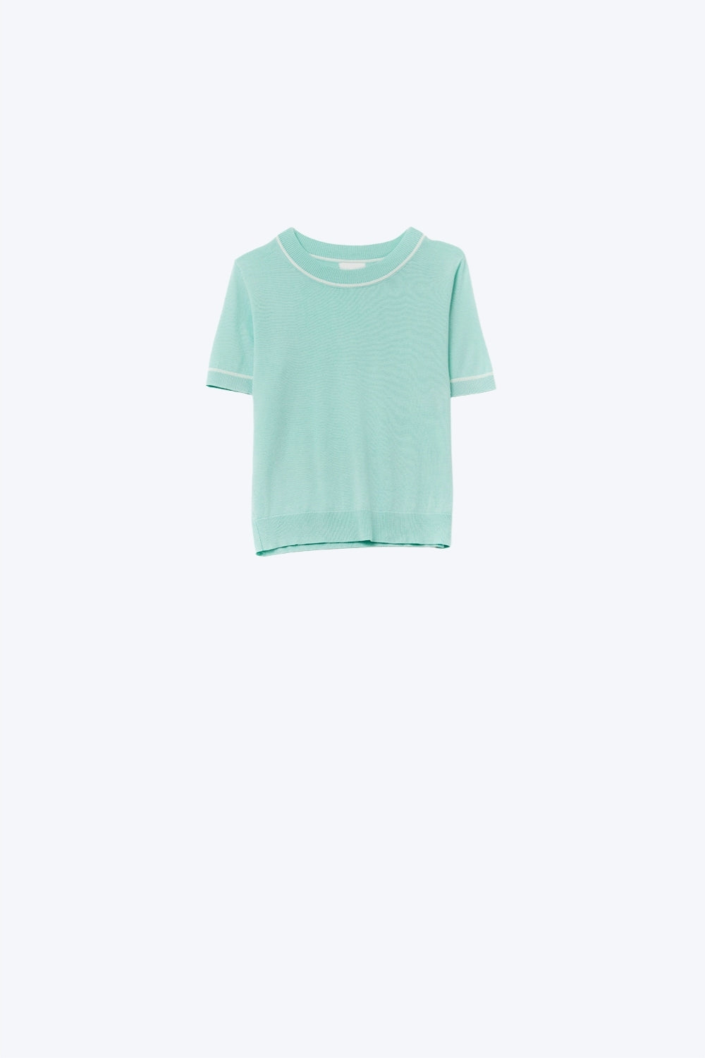 Top à manches courtes en tricot vert menthe avec bordures contrastées blanches