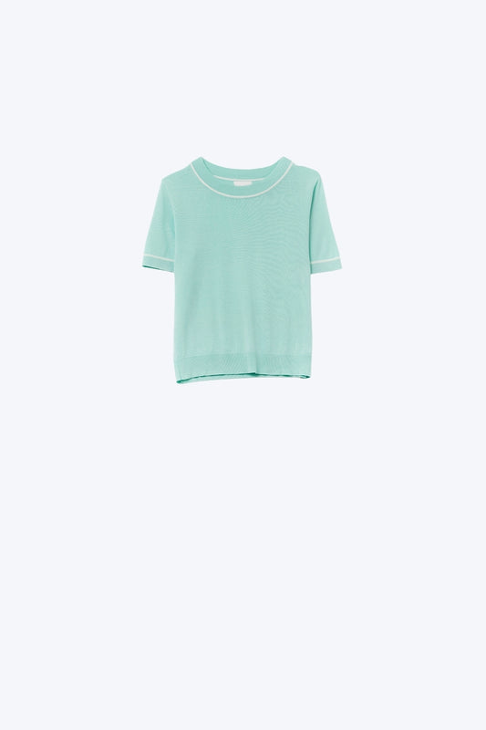 Top à manches courtes en tricot vert menthe avec bordures contrastées blanches