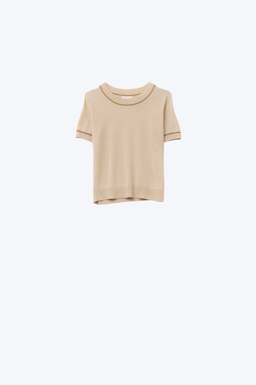 Top à manches courtes en tricot beige avec bordures contrastées camel