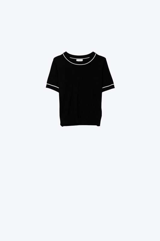 Top noir à manches courtes en tricot avec bordures contrastées