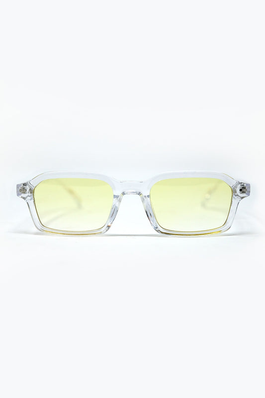 Lunettes de soleil rectangulaires à monture transparente en acétate épais avec verre fumé jaune