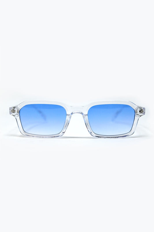 Lunettes de soleil rectangulaires à monture transparente en acétate épais avec verre fumé bleu